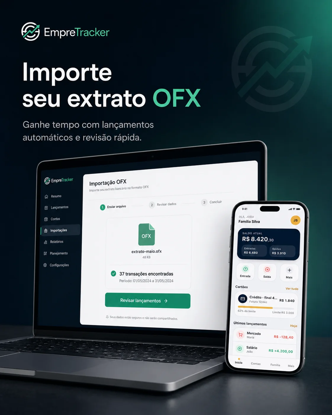Importação OFX no EmpreTracker — envie seu extrato e revise lançamentos